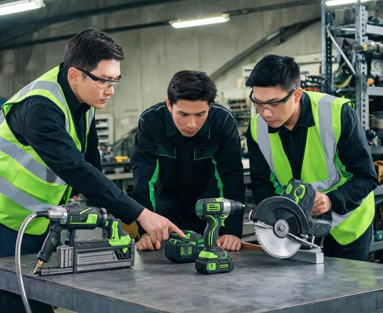 Porter Cable engineering and tool support team in a workshop