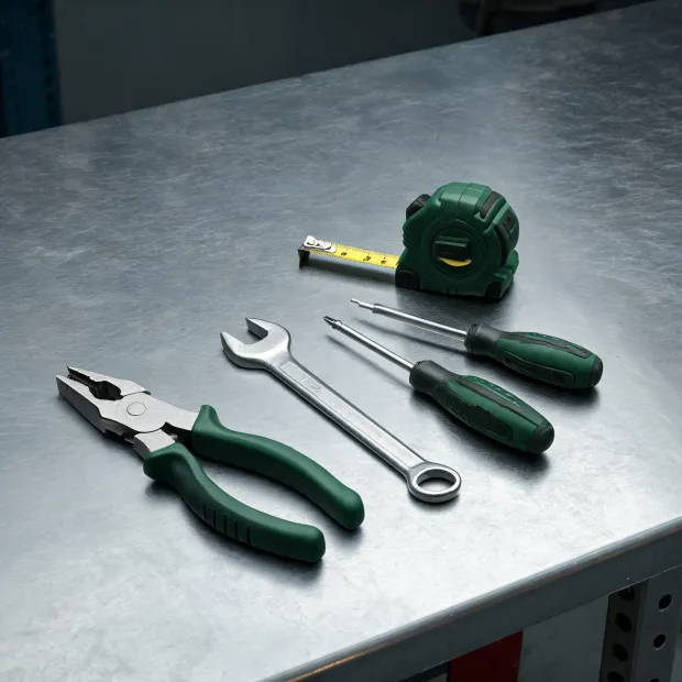 Hand tools on a steel bench